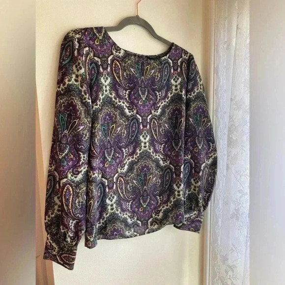 J Crew Blouse Floral Paisley Keyhole Back Boat Neck Purple Long Sleeve Flowy - Picture 1 of 7